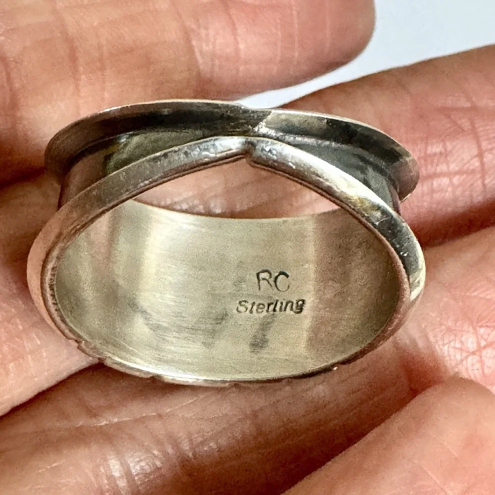 Red Coral Wedding Band Ring Sz 11 Navajo 13mm Native American Dark Sterling Mens